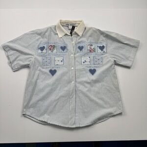 Jane Ashley Womens Large Striped Embroidered Hearts Floral Button Up Shirt Blue